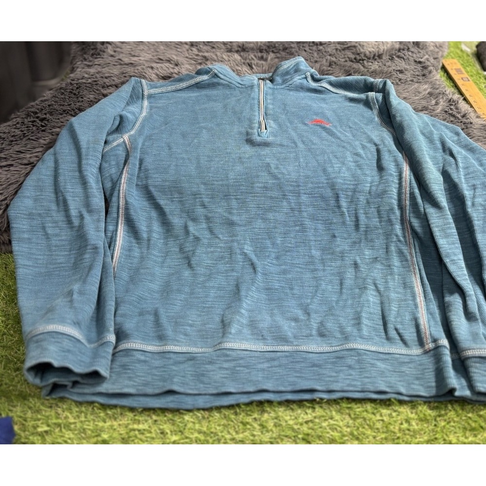 Tommy Bahama Sweatshirt Men M Green Blue Mock Neck 1/4 Zip Pull over Sweater